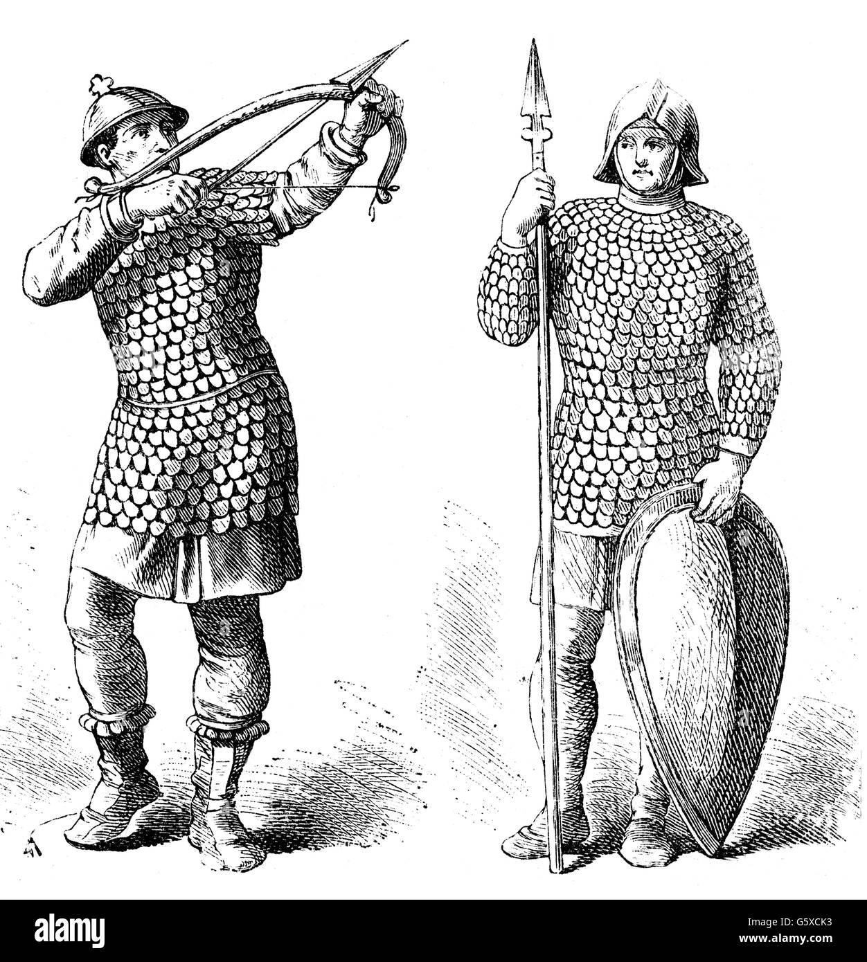 military, Middle Ages, infantry, Franconian archer and lance bearer, 10th century, wood engraving, 19th century, soldiers, soldier, warrior, warriors, Franconia, Frankish Empire, weapons, arms, weapon, arm, arrow, arrows, bow, bows, lance, lances, shield, shields, armour, armor, chain mail, chain maille, chain mails, chain mailles, historic, historical, medieval, men, man, male, people, Additional-Rights-Clearences-Not Available Stock Photo