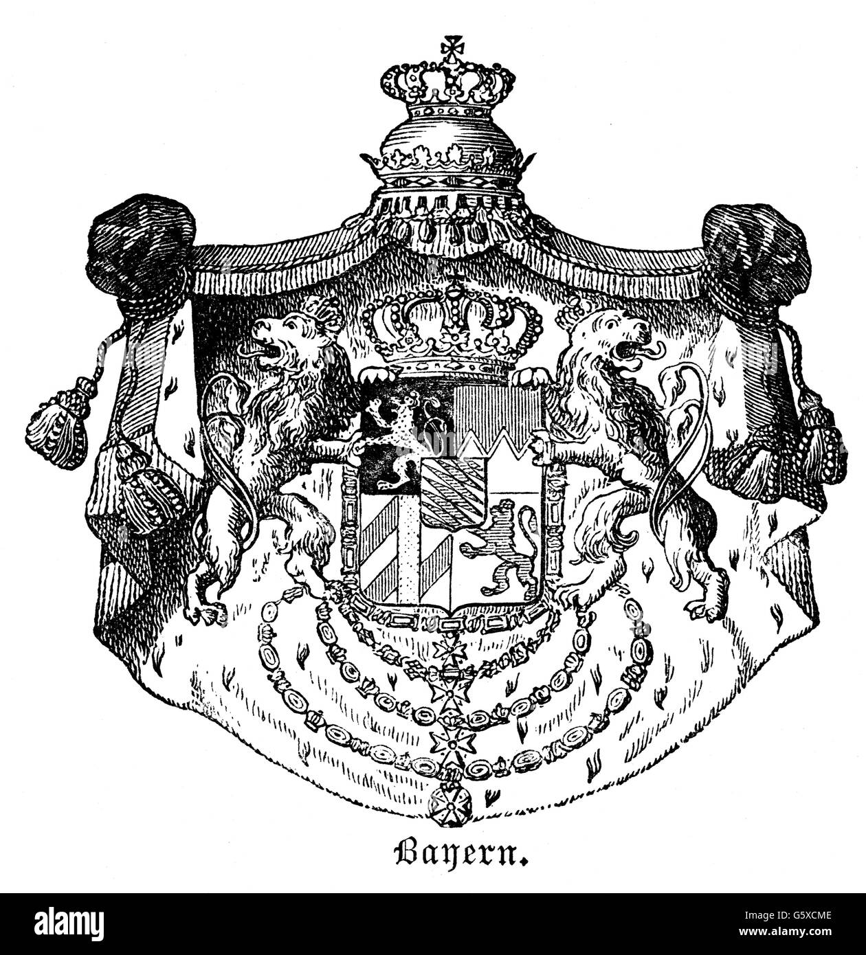 heraldry, coat of arms, Germany, state coat of arms of the Kingdom of Bavaria, wood engraving, 1872, Additional-Rights-Clearences-Not Available Stock Photo