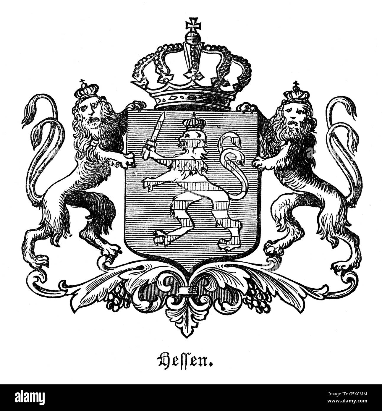 heraldry, coat of arms, Germany, state coat of arms of the Grand Duchy of Hesse, wood engraving, 1872, Additional-Rights-Clearences-Not Available Stock Photo