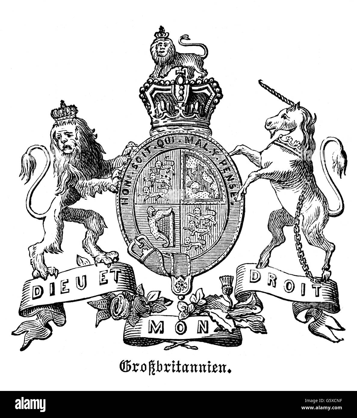 heraldry, coat of arms, Great Britain, state coat of arms of the Kingdom of Great Britain, wood engraving, 1872, Additional-Rights-Clearences-Not Available Stock Photo