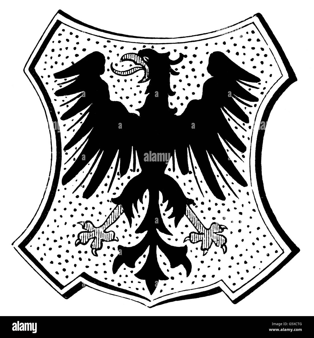 heraldry, coat of arms, Germany, city arms, Aachen, wood engraving, 2nd half 19th century, eagle, eagles, heraldic animal, heraldic animals, North Rhine-Westphalia, North-Rhine, Rhine, Westphalia, Nordrhein-Westfalen, Nordrhein-Westphalen, German Empire, Imperial Era, Kingdom of Prussia, Rhine Province, Central Europe, historic, historical, Additional-Rights-Clearences-Not Available Stock Photo