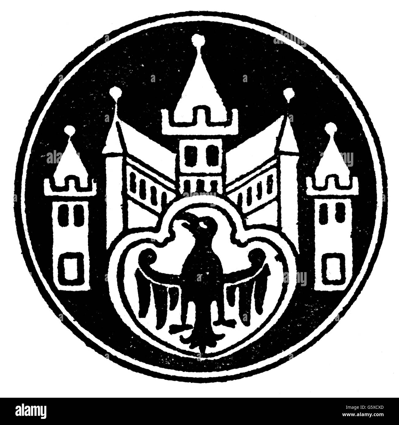 heraldry, coat of arms, Germany, city arms, Berlin, 13th century, wood engraving, late 19th century, middle ages, eagle, Margraviate Brandenburg, Holy Roman Empire, Central Europe, historic, historical, medieval, Additional-Rights-Clearences-Not Available Stock Photo