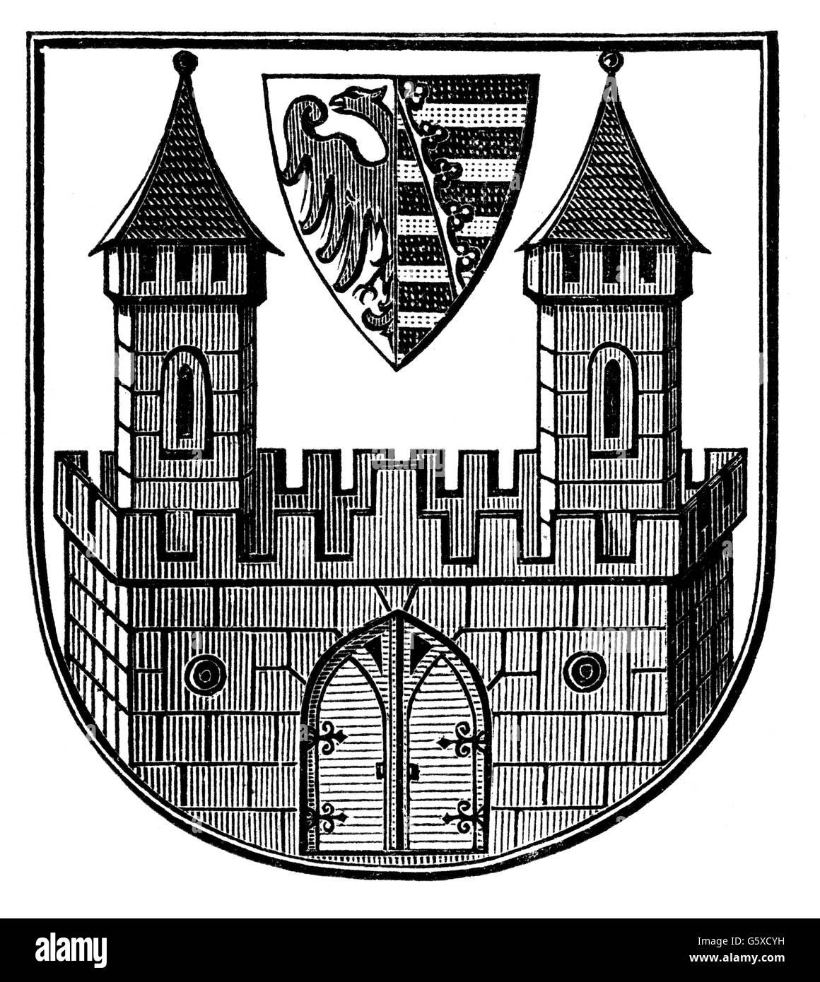 heraldry, coat of arms, Germany, city arms, Lauenburg, wood engraving, 1892, Additional-Rights-Clearences-Not Available Stock Photo