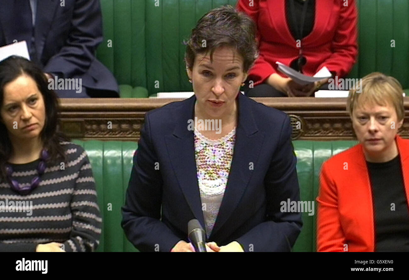 Shadow environment secretary Mary Creagh asks an emergency question in the House of Commons on the continuing horse meat found in beef products scandal. Stock Photo