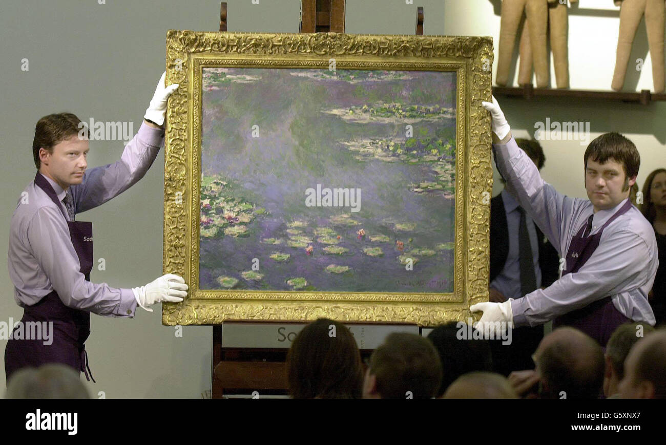 24th JUNE: On this day in 2002 Monet's Nympheas' painting was auctioned for a record 13,481,650 at Sotheby's in London. The Nympheas' oil on canvas painting, which was auctioned for 13,481,650 at Sotheby's in Central London. One of the celebrated series of water-lily paintings by French Impressionist Claude Monet was auctioned as part of an Impressionist and Modern Art sale. *...., where experts had predicted its sale price as between ,10 and ,15 million. Stock Photo