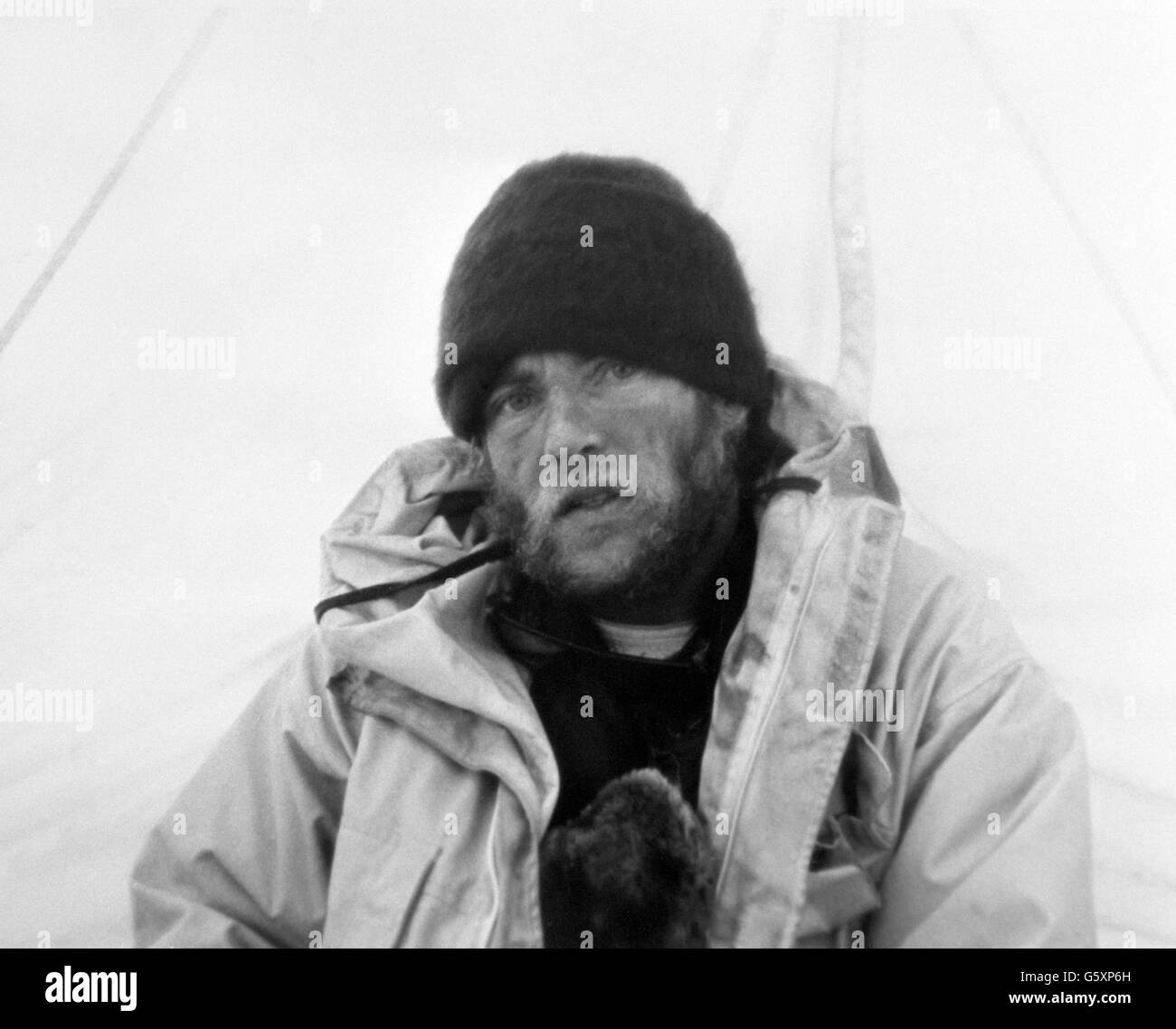 Corporal 'Bronco' Lane in a tent at Camp 6, during an expedition to the summit of Everest Stock Photo