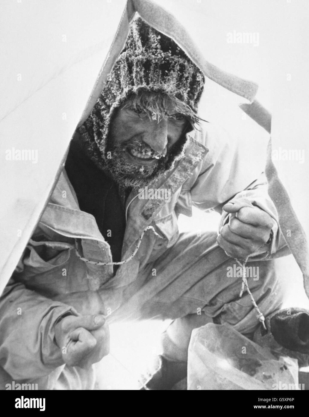 Corporal 'Bronco' Lane in the tent he shared with Sergeant 'Brummie' Stokes for two nights during a blizzard on Everest. Stock Photo
