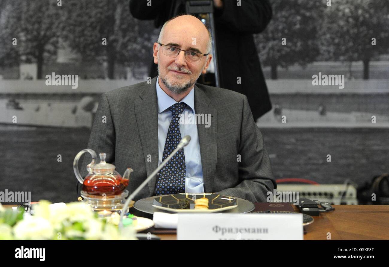 Moscow Bureau chief for the German News Agency DPA Friedemann Kohler during a meeting with Russian President Vladimir Putin and international news agencies on the sidelines of the St. Petersburg International Economic Forum June 17, 2016 in St. Petersburg, Russia. Stock Photo