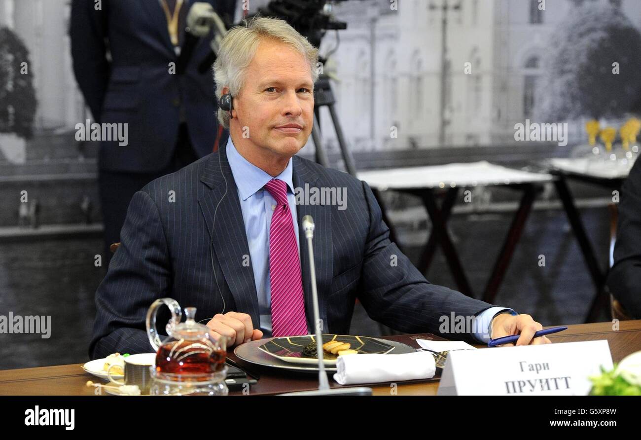 President of Associated Press Gary Puitt during a meeting with Russian President Vladimir Putin and international news agencies on the sidelines of the St. Petersburg International Economic Forum June 17, 2016 in St. Petersburg, Russia. Stock Photo