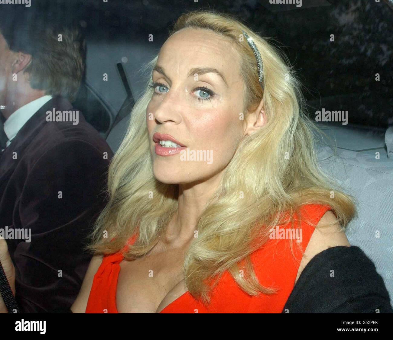 Jerry Hall arrives for Sir Elton John's White Tie and Tiara Ball at 'Woodside', his Berkshire mansion. All funds from the exclusive private party go to the Elton John AIDS Foundation. Stock Photo