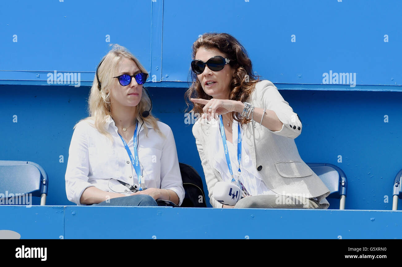 Former player and now a television presenter Annabel Croft (right) at the Aegon International tennis tournament at Devonshire Park  in Eastbourne. June 21, 2016. Simon  Dack / Telephoto Images Stock Photo