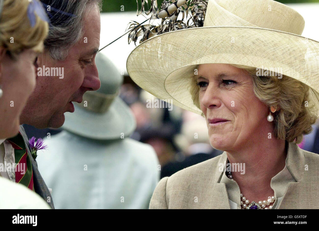 Camilla Parker-Bowles chats with crowds outside Holyrood House at the Royal Garden Party, Edinburgh. Stock Photo