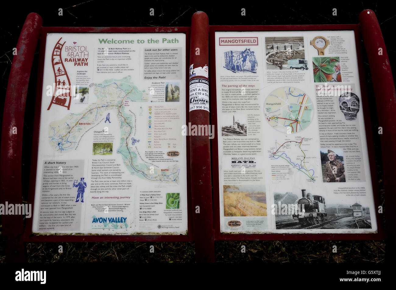 An information board on the Mangotsfield section on the Bristol & Bath railway path. The Bristol & Bath Railway Path was constructed on the track bed of the former Midland Railway which closed for passenger traffic at the end of the 1960s. Between 1979 and 1986, the railway line was converted into the Railway Path by cycling charity Sustrans. The first stretch was between Bath and Bitton where the campaign group, Cyclebag obtained planning permission to create the 2m wide dust track. The route then developed westwards with Bristol being the last section. This was tarmaced from the outset. Stock Photo
