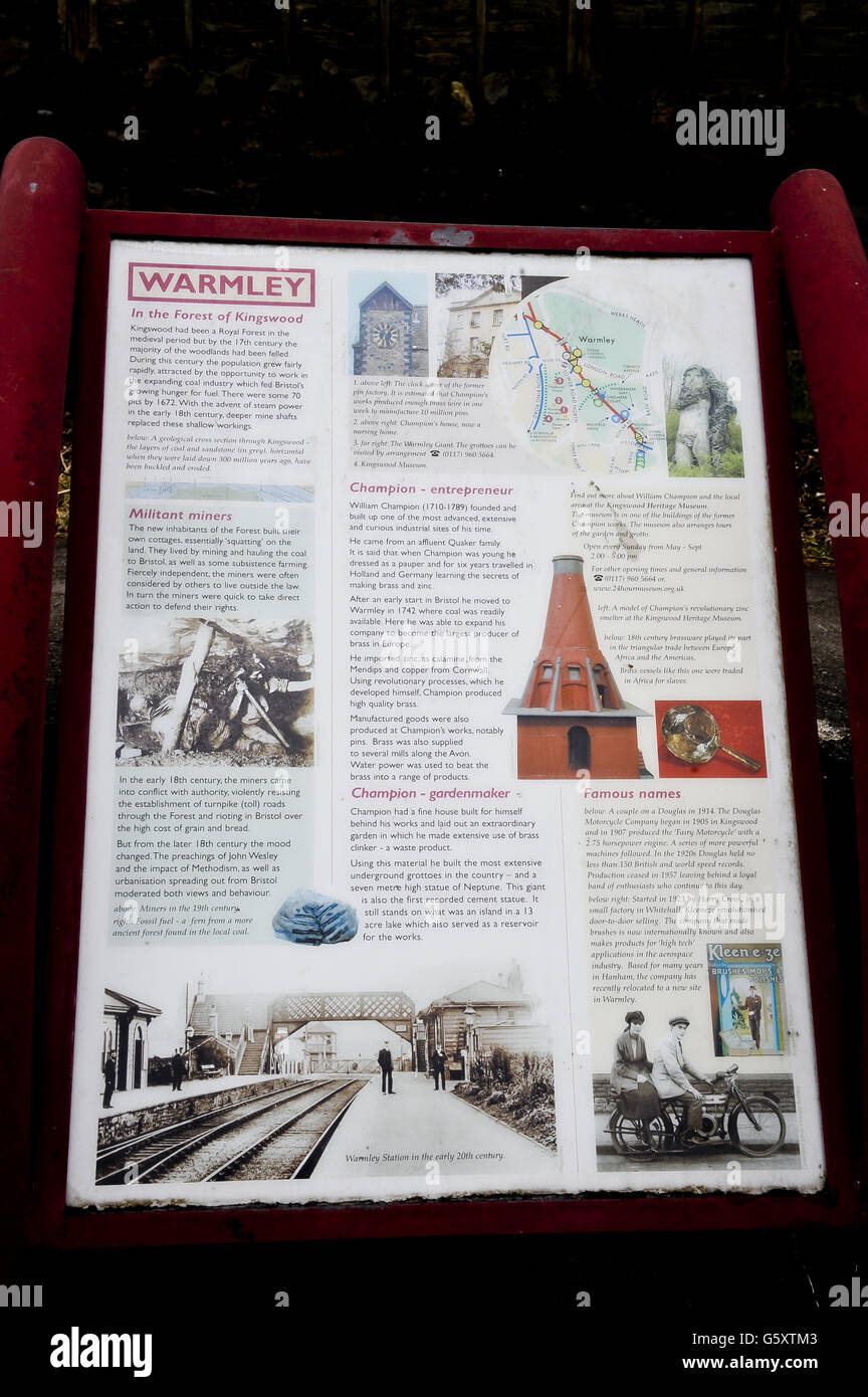 An information board about the Warmley section on the Bristol & Bath railway path. The Bristol & Bath Railway Path was constructed on the track bed of the former Midland Railway which closed for passenger traffic at the end of the 1960s. Between 1979 and 1986, the railway line was converted into the Railway Path by cycling charity Sustrans. The first stretch was between Bath and Bitton where the campaign group, Cyclebag obtained planning permission to create the 2m wide dust track. The route then developed westwards with Bristol being the last section. This was tarmaced from the outset. Stock Photo