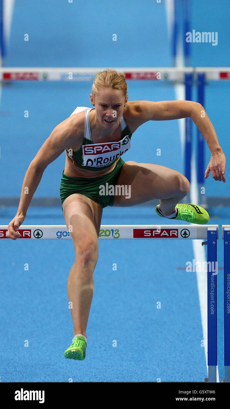 Ireland's Derval O'Rourke in the womens 60metre hurdles first round during day one of the European Indoor Championships at the Scandinavium Arena, Gothenburg, Sweden. Stock Photo