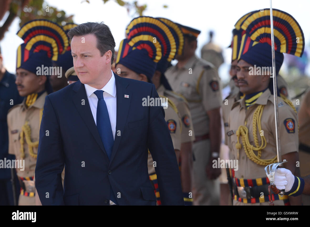 Prime Minister David Cameron arrives to lay a wreath at the memorial to commemorate the policemen who were killed in the terrorist attacks of November 2008, in Mumbai, India. Stock Photo