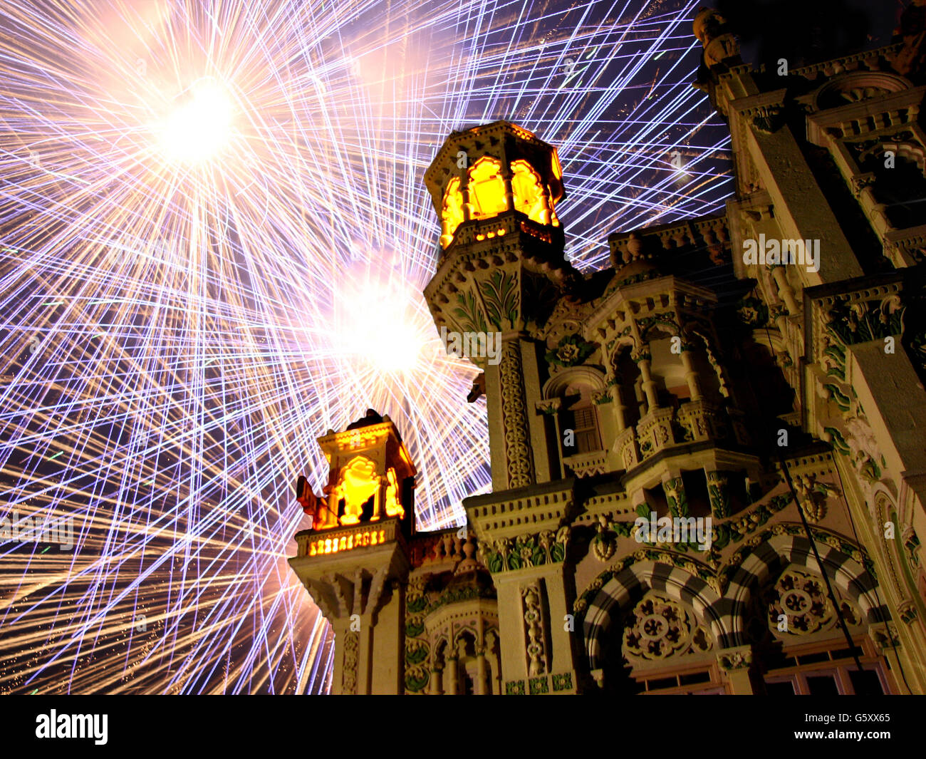 Fireworks behind a royal palace in India, on the occassion of Diwali festival. Stock Photo