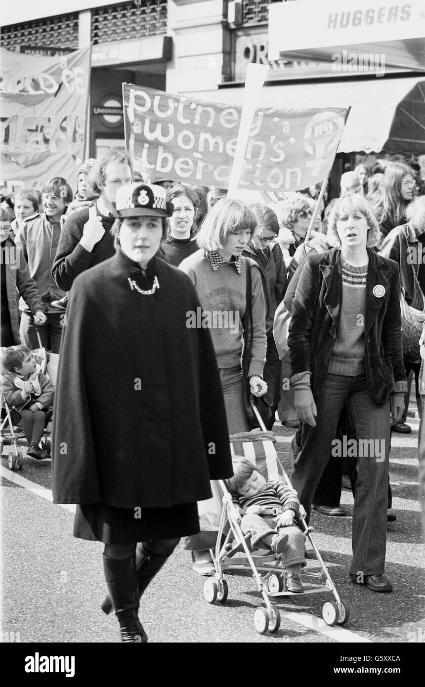Caped police escort for supporters of the National Abortion Campaign when they marched from Speaker's Corner to Trafalgar Square for a mass rally. Stock Photo