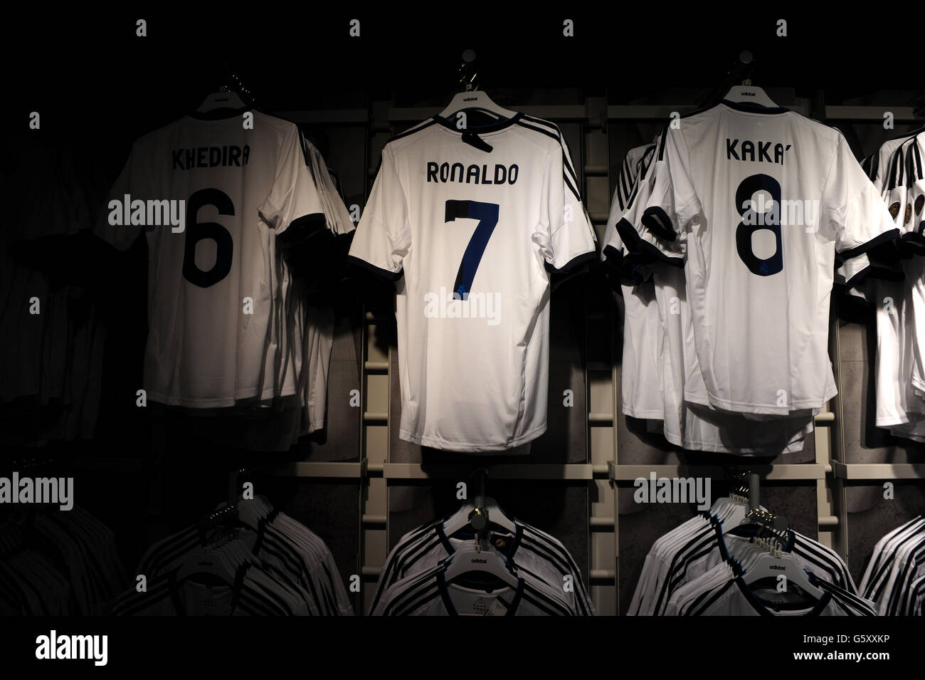 Replica shirts on sale at the club shop at the Santiago Bernabeu, home of Real  Madrid Stock Photo - Alamy