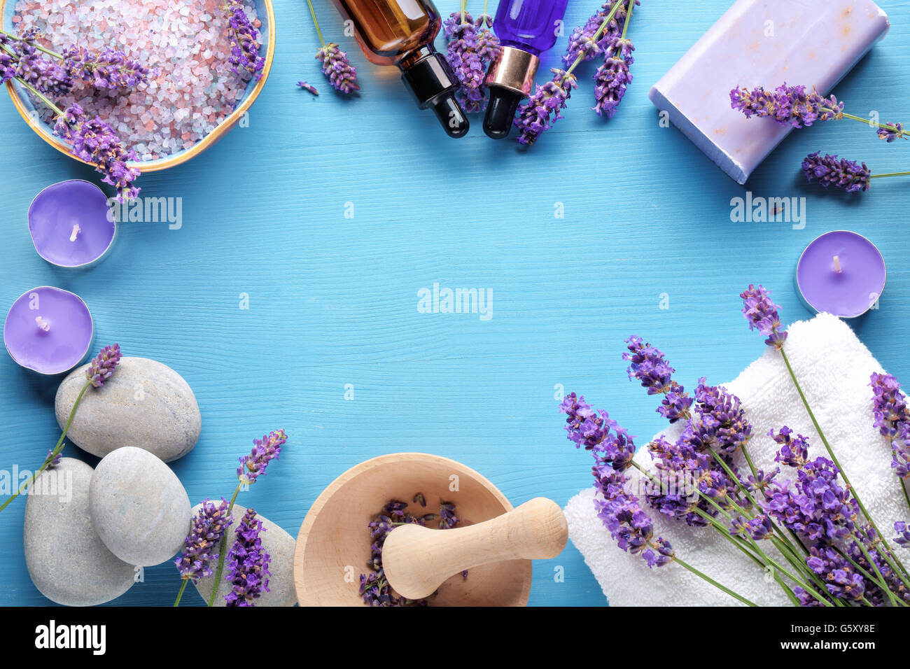 Essential oil,seasalt,candles,towels and handmade soap Stock Photo