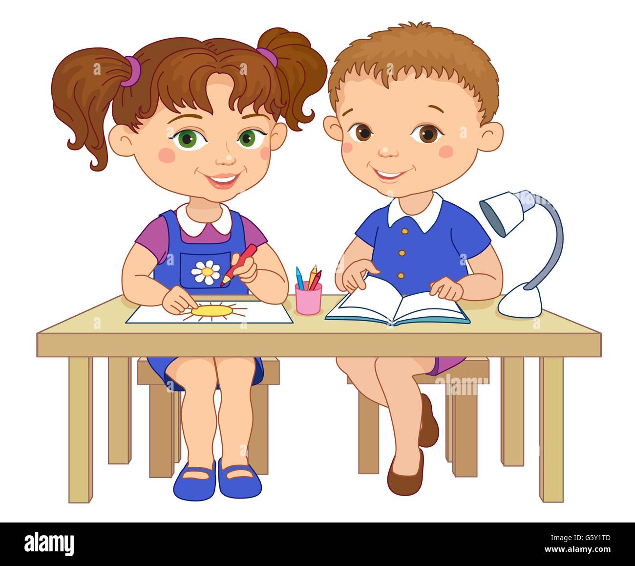 Funny pupils sit on desks read draw clay cartoon illustration Stock