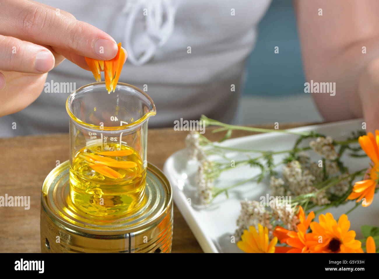 Production yarrow and marigold ointment / (Calendula officinalis), (Achillea millefolium) Stock Photo