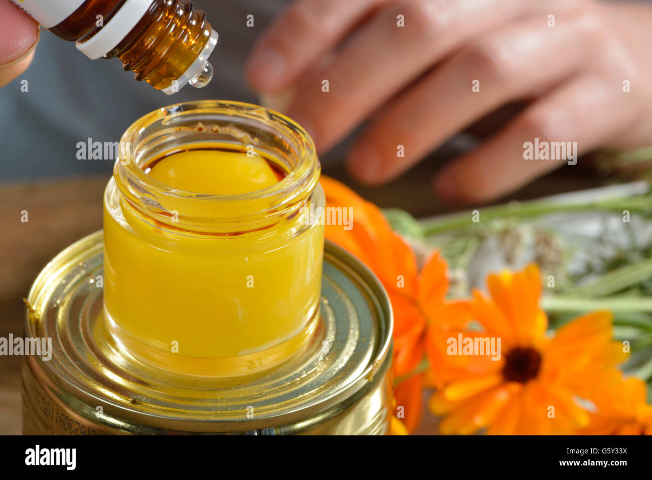 Production yarrow and marigold ointment / (Calendula officinalis), (Achillea millefolium) Stock Photo