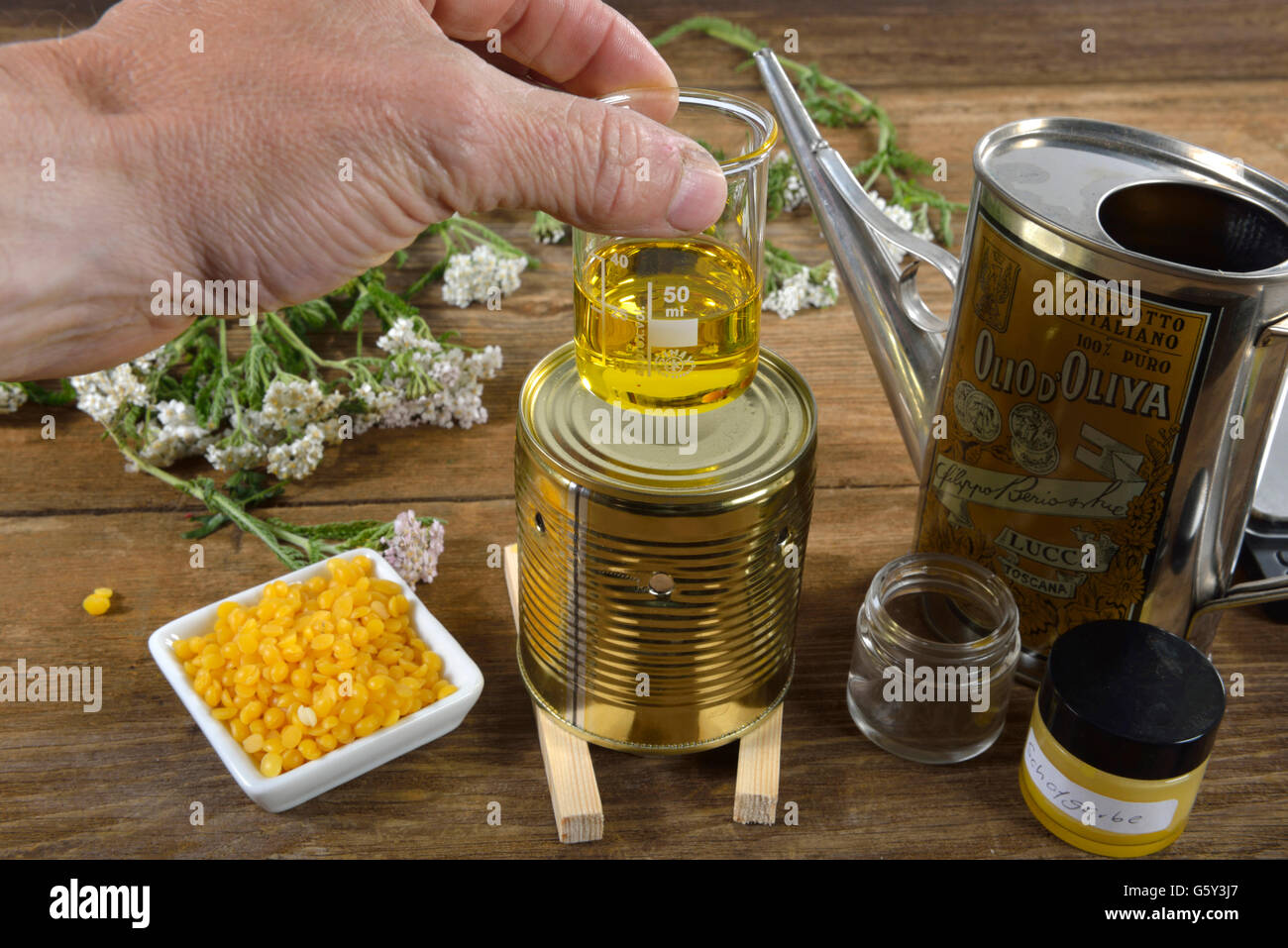 Yarrow ointment, yarrow flowers, marigold / (Achillea millefolium, Millefolii flos), (Calendula officinalis) Stock Photo