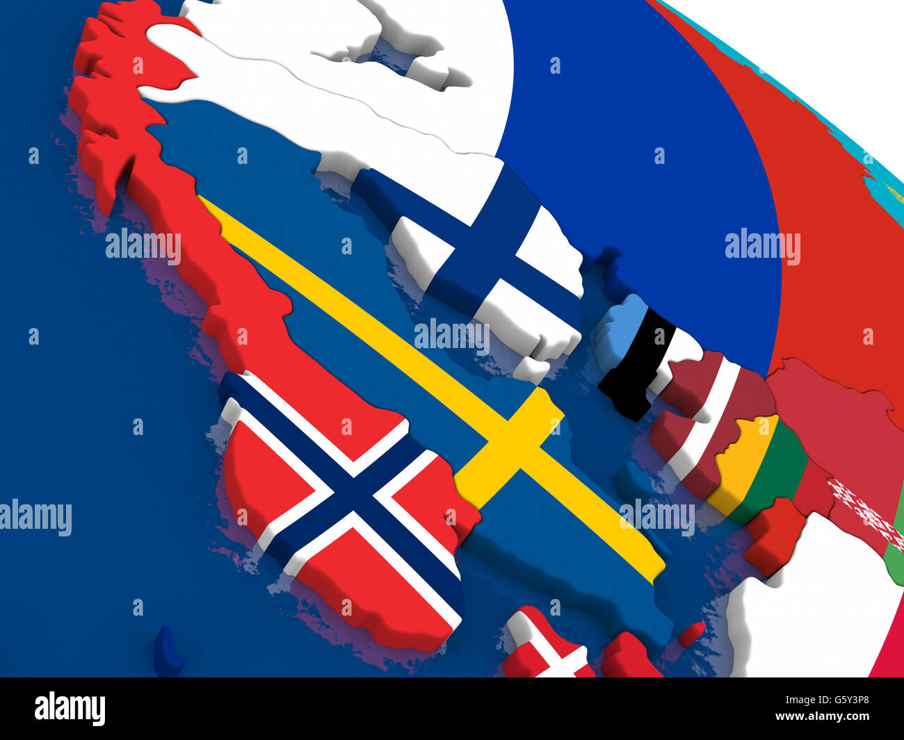 Map of Scandinavia with embedded flags on 3D political map. Accurate official colors of flags. 3D illustration Stock Photo
