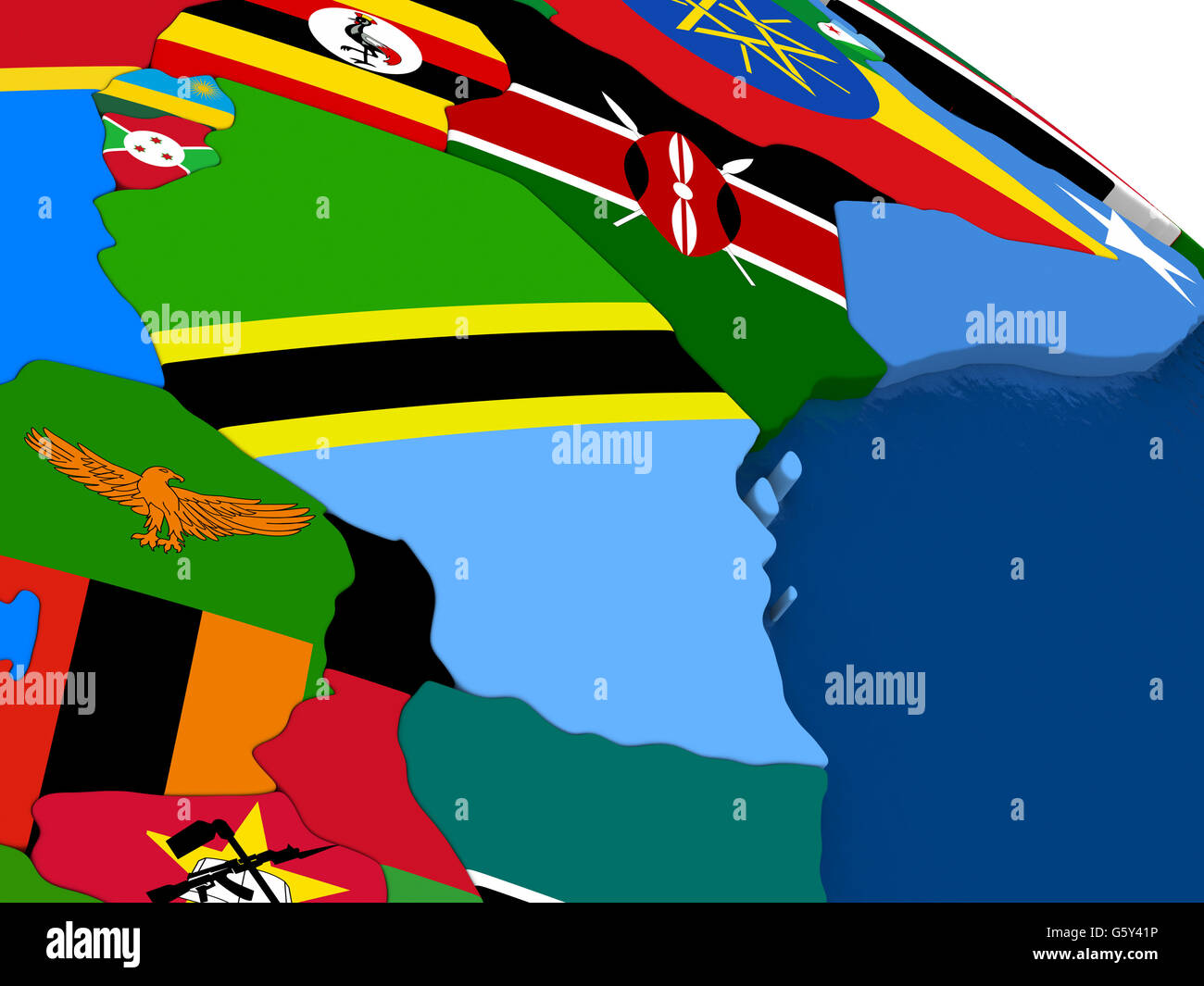 Map of Tanzania with embedded flags on 3D political map. Accurate ...