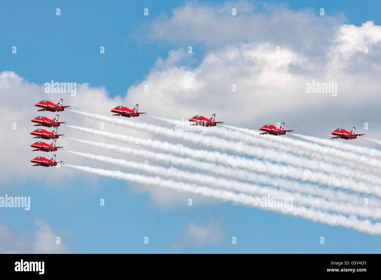 Royal Air Force (RAF) Red Arrows aerobatic display team performing at the Farnborough International Airshow Stock Photo