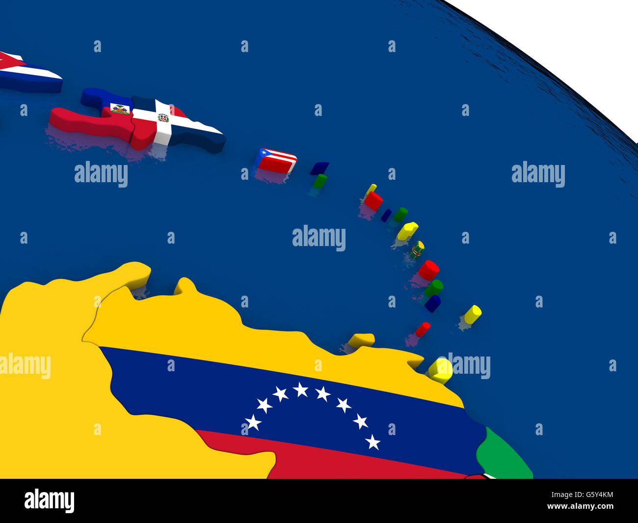 Map of South Caribbean with embedded flags on 3D political map