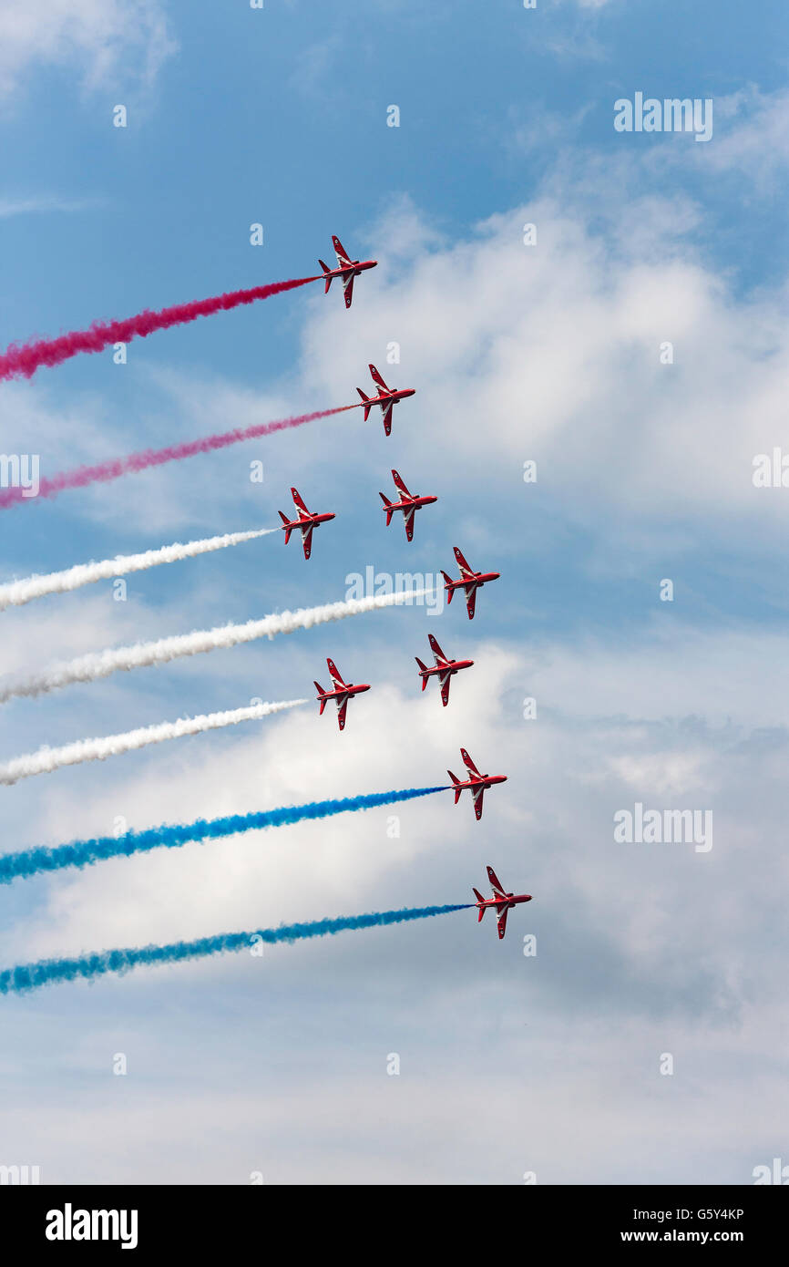 Royal Air Force (RAF) Red Arrows aerobatic display team performing at the Farnborough International Airshow Stock Photo