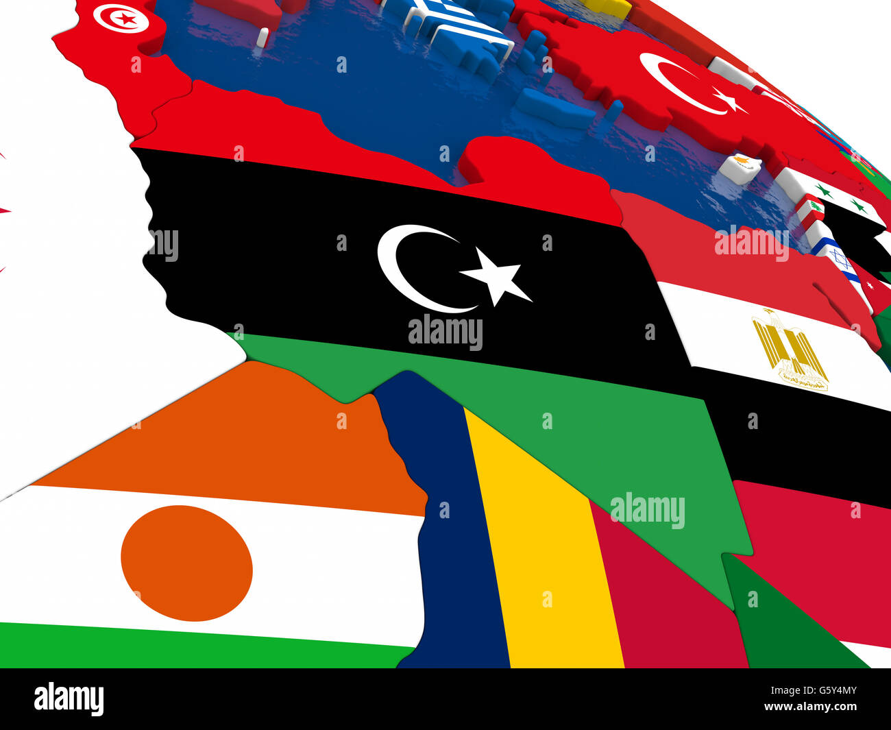 Map of Libya with embedded flags on 3D political map. Accurate official ...