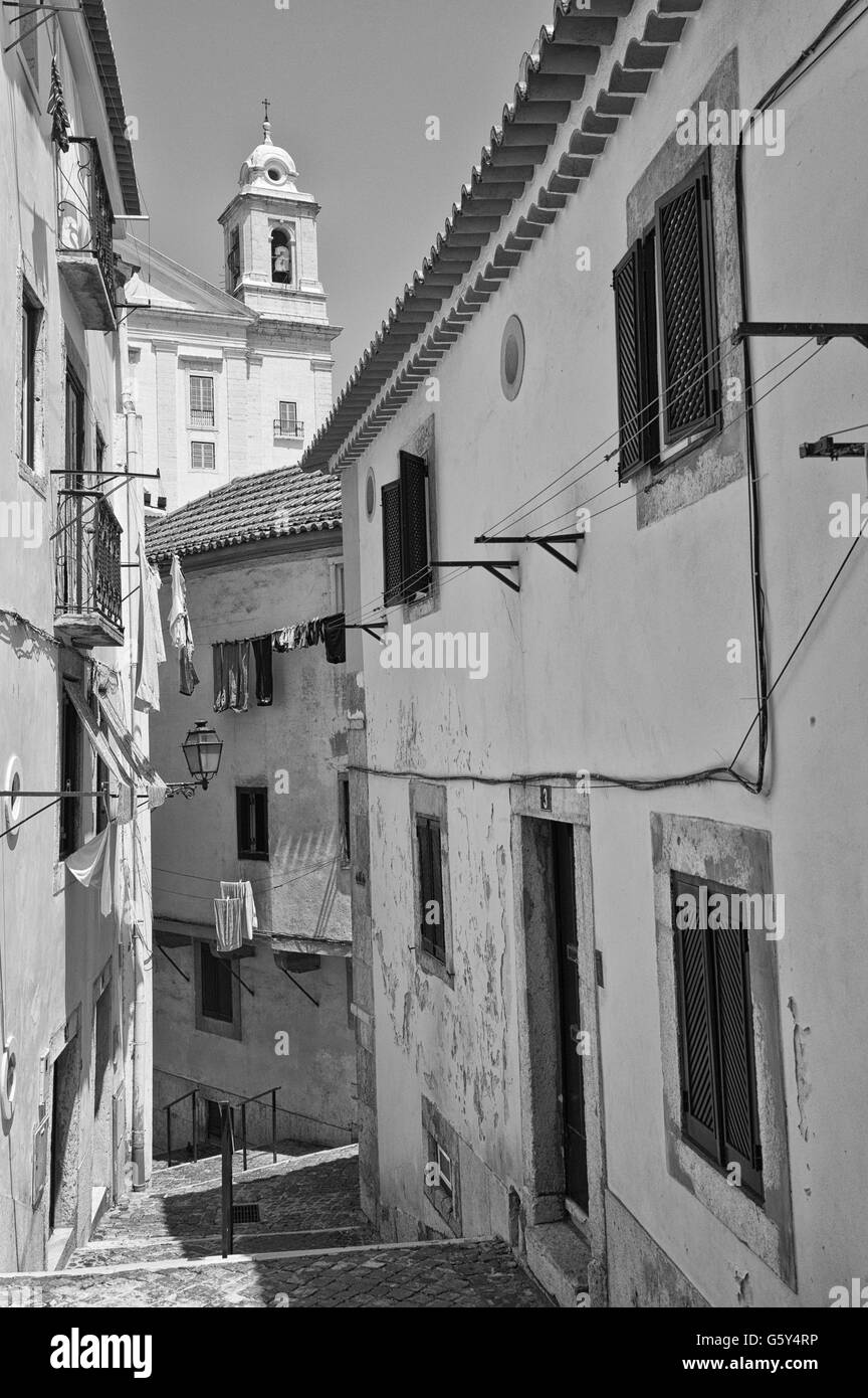 Alfama district, Narrow Street, Lisbon, Portugal Stock Photo
