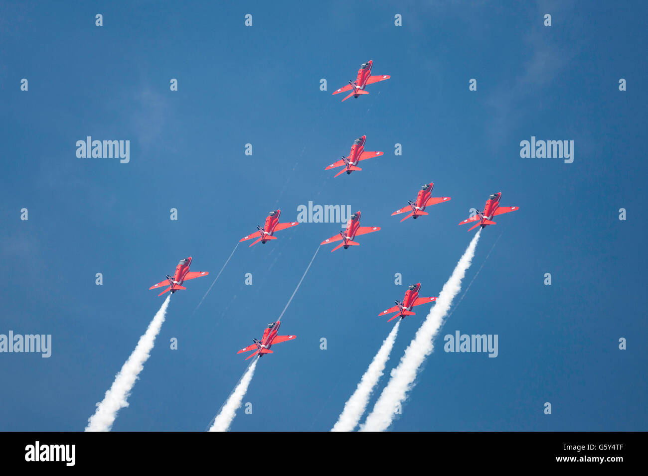 Royal Air Force (RAF) Red Arrows aerobatic display team performing at the Farnborough International Airshow Stock Photo