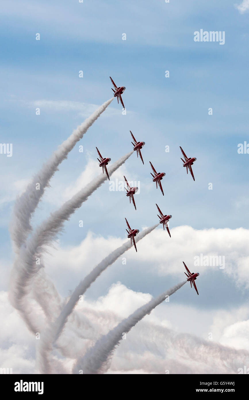 Royal Air Force (RAF) Red Arrows aerobatic display team performing at the Farnborough International Airshow Stock Photo