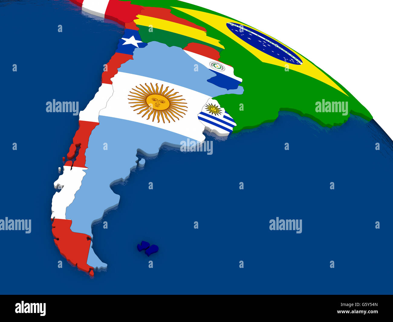 Map of Argentina and Chile with embedded flags on 3D political map. Accurate official colors of ...