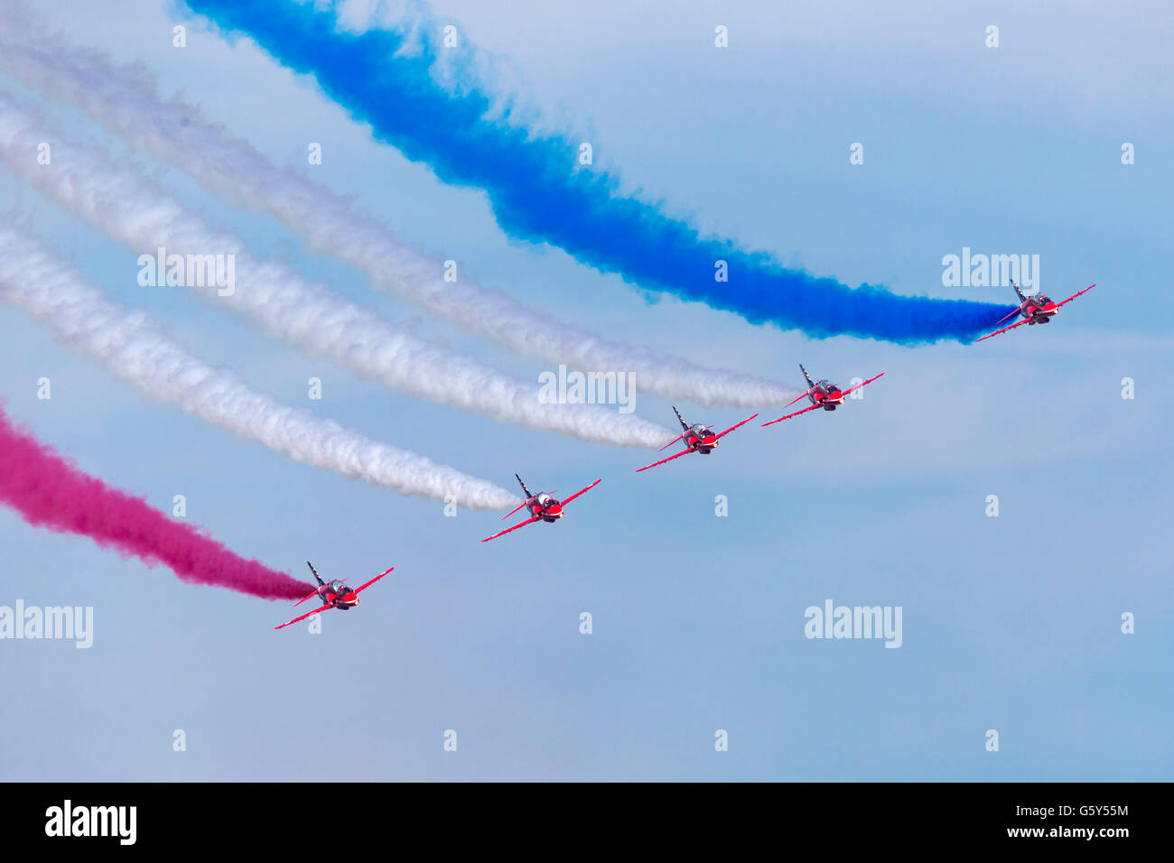 Royal Air Force (RAF) Red Arrows aerobatic display team performing at the Farnborough International Airshow Stock Photo