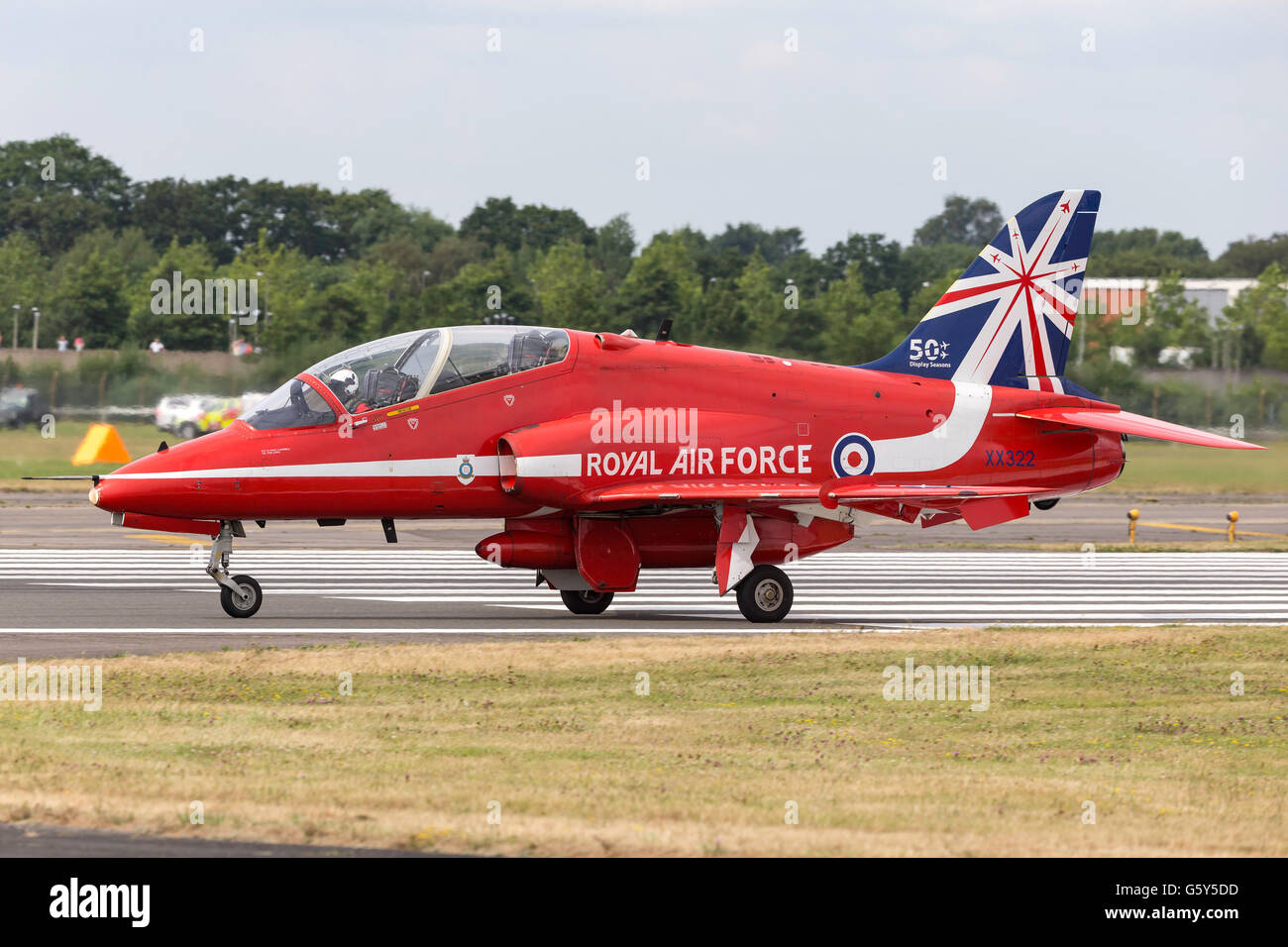 Royal Air Force (RAF) Red Arrows aerobatic display team performing at the Farnborough International Airshow Stock Photo