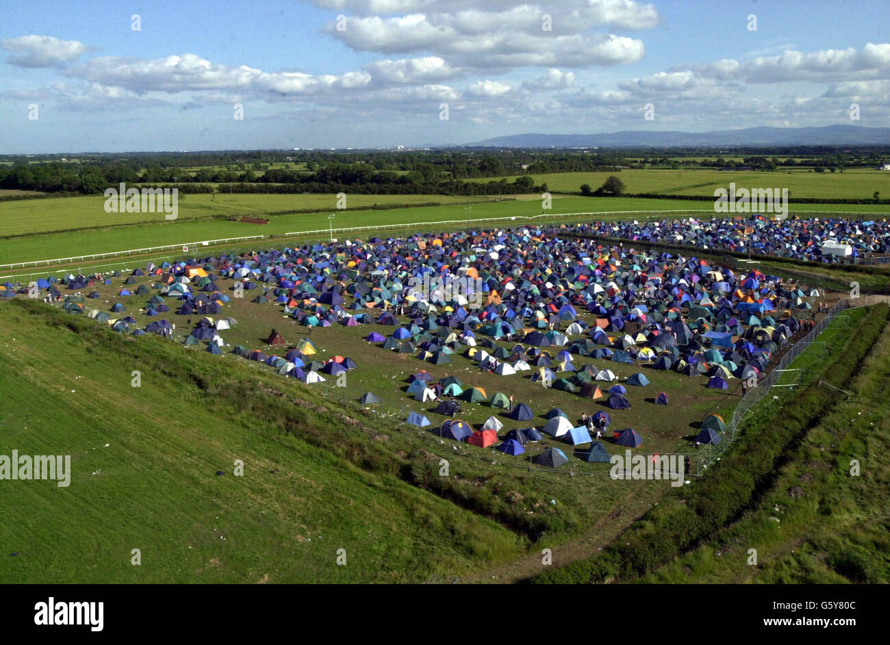 Sunny weather over the campsite at Witnness rock festival, Fairyhouse, North of Dublin, Republic of Ireland, where over 80 acts wil perform over two days, including the Prodigy, Foo Fighter and Oasis. Stock Photo