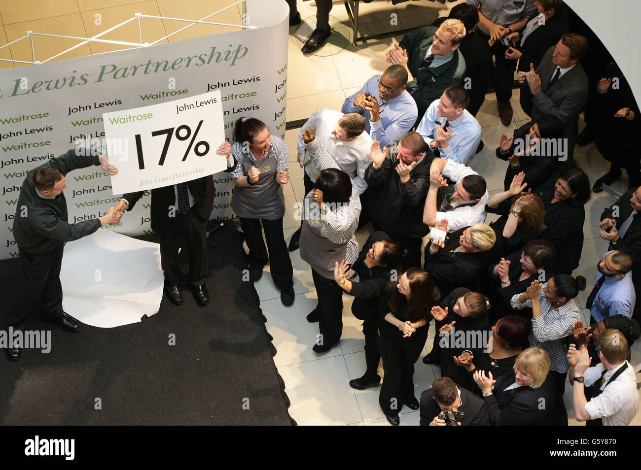 Staff react as John Lewis announces the company's full year results and