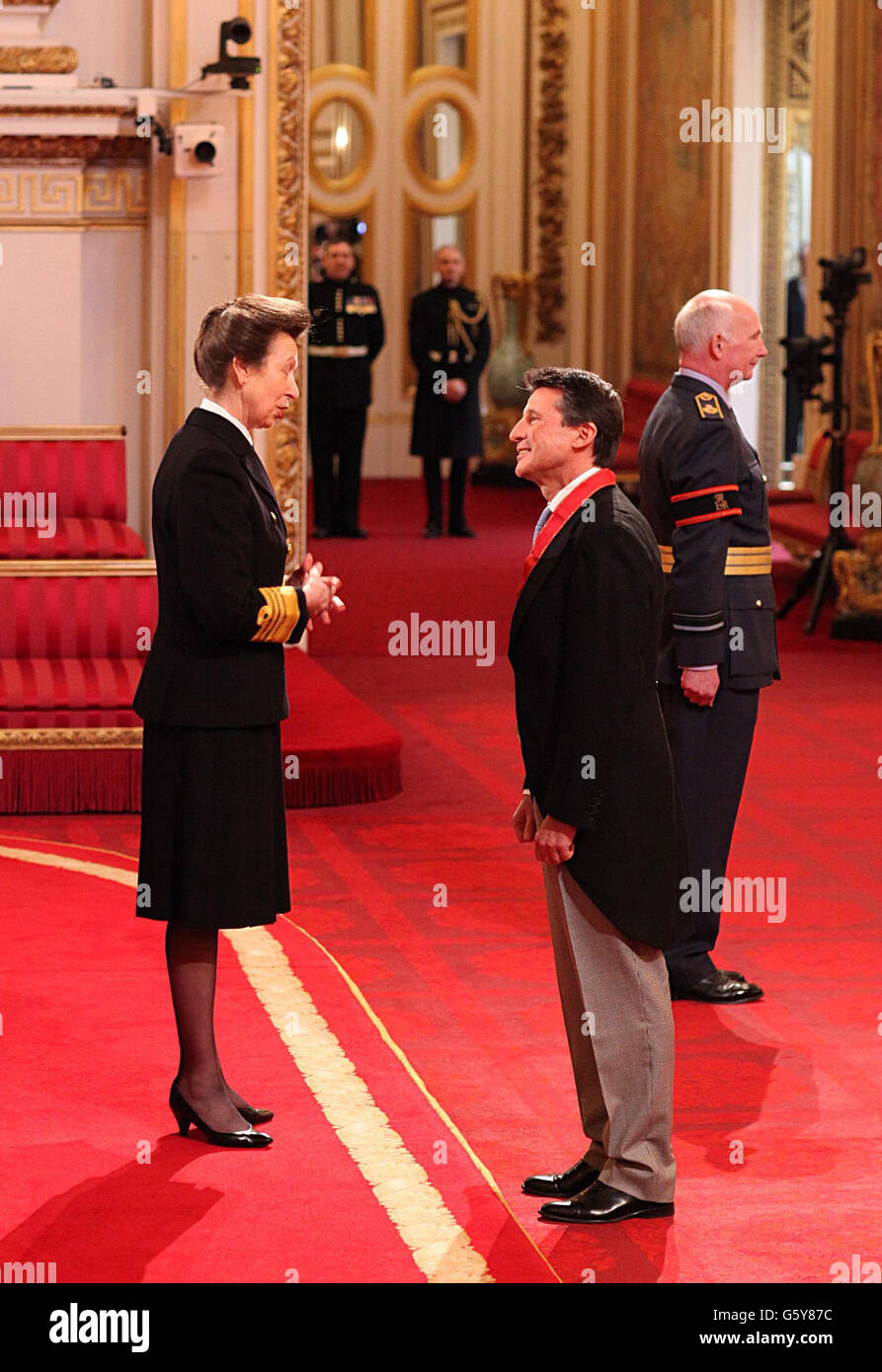 Lord Sebastian Coe is made a member of the Order of the Companions of Honour by the Princess Royal during an Investiture Ceremony at Buckingham Palace, London. Stock Photo