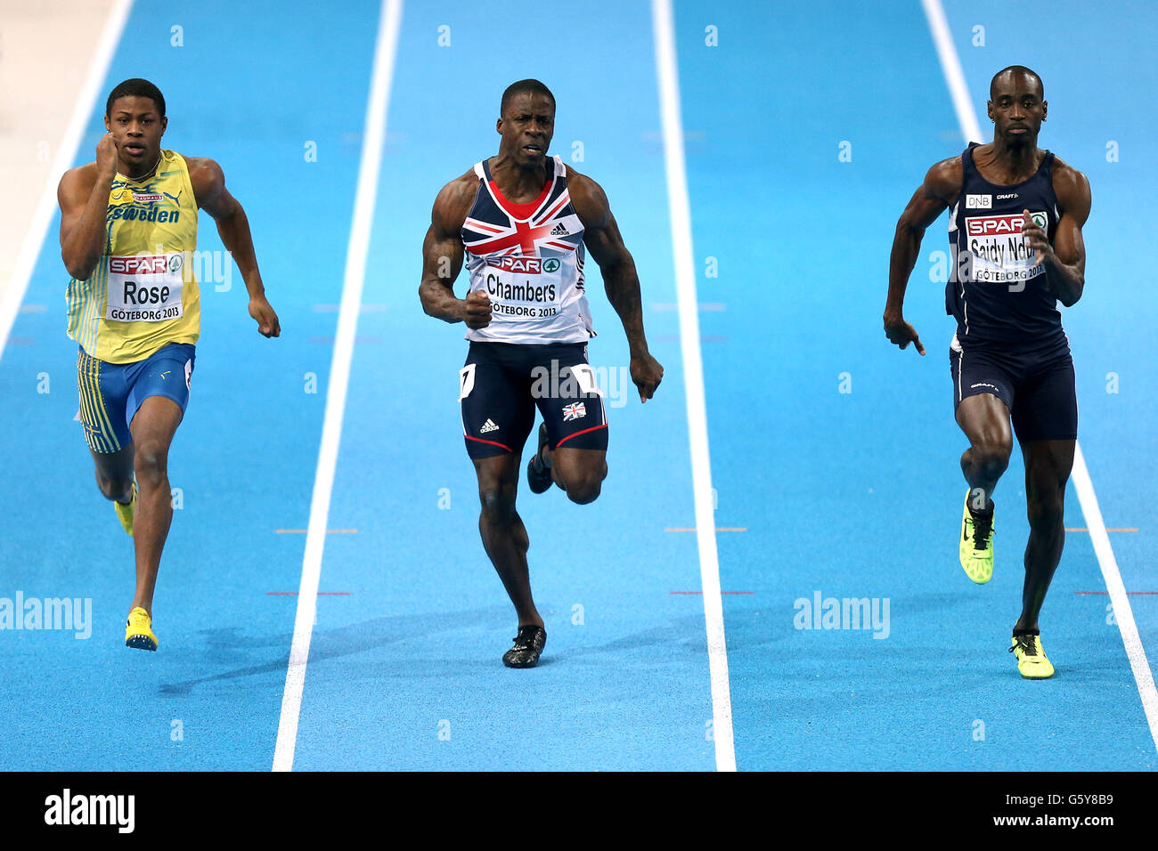 Left to Right) Sweden's Odain Rose, Great Britain's Dwain Chambers and  Norway's Jaysuma Saidy Ndure compete in the Mens 60 metres Heat 1  qualifiers Stock Photo - Alamy