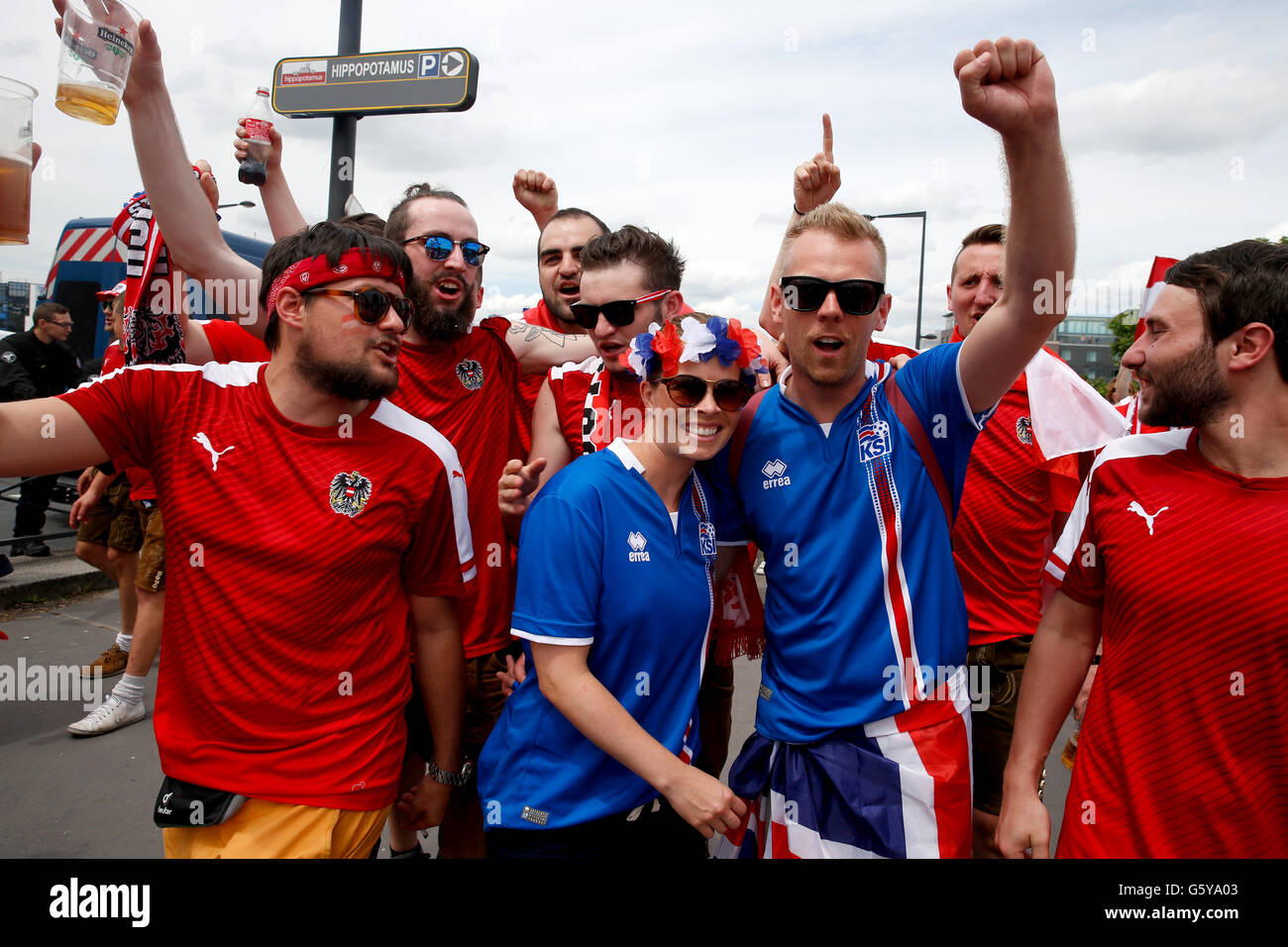 Iceland and Austria fans mix before the Euro 2016, Group F match at the Stade de France, Paris. Stock Photo