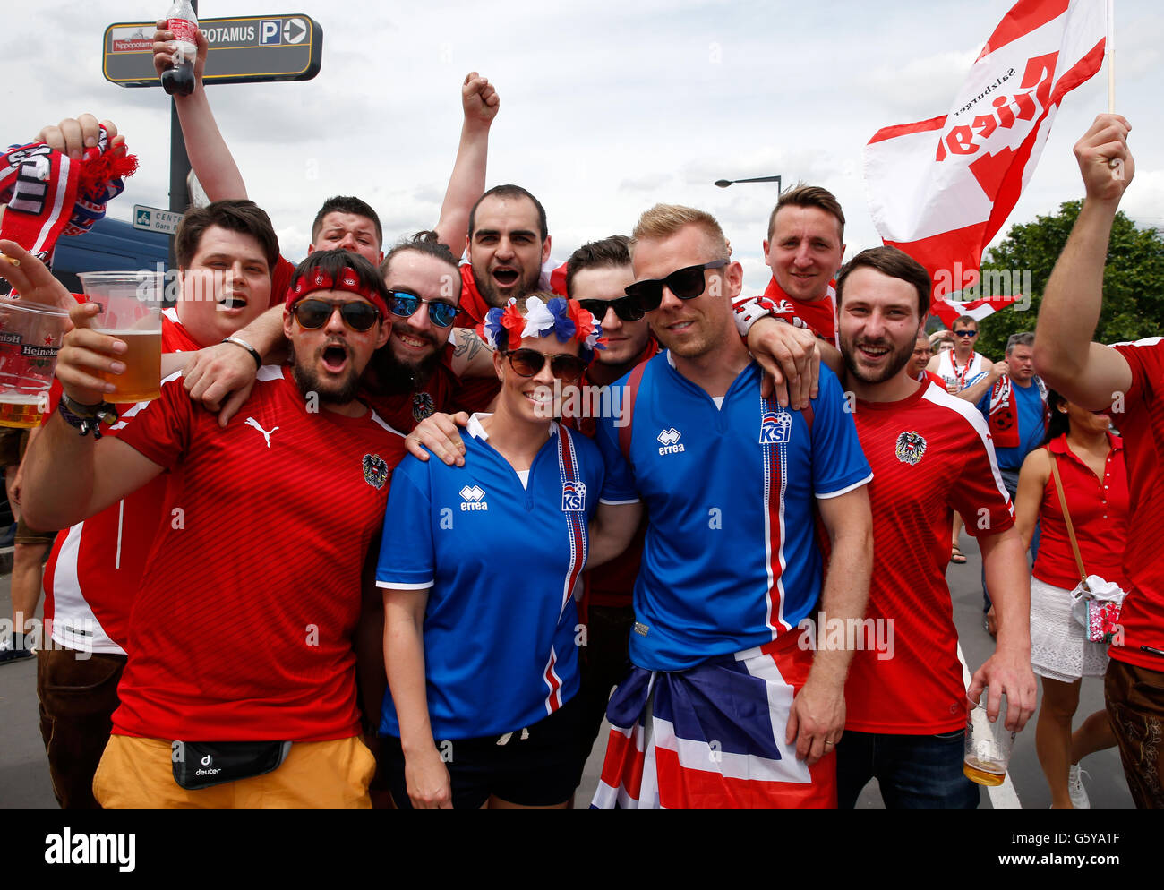 Iceland and Austria fans mix before the Euro 2016, Group F match at the Stade de France, Paris. Stock Photo