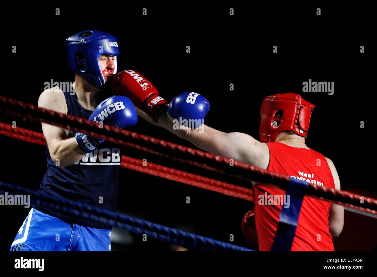 Amateur boxers fight during an Ultimate White Collar boxing competition Stock Photo