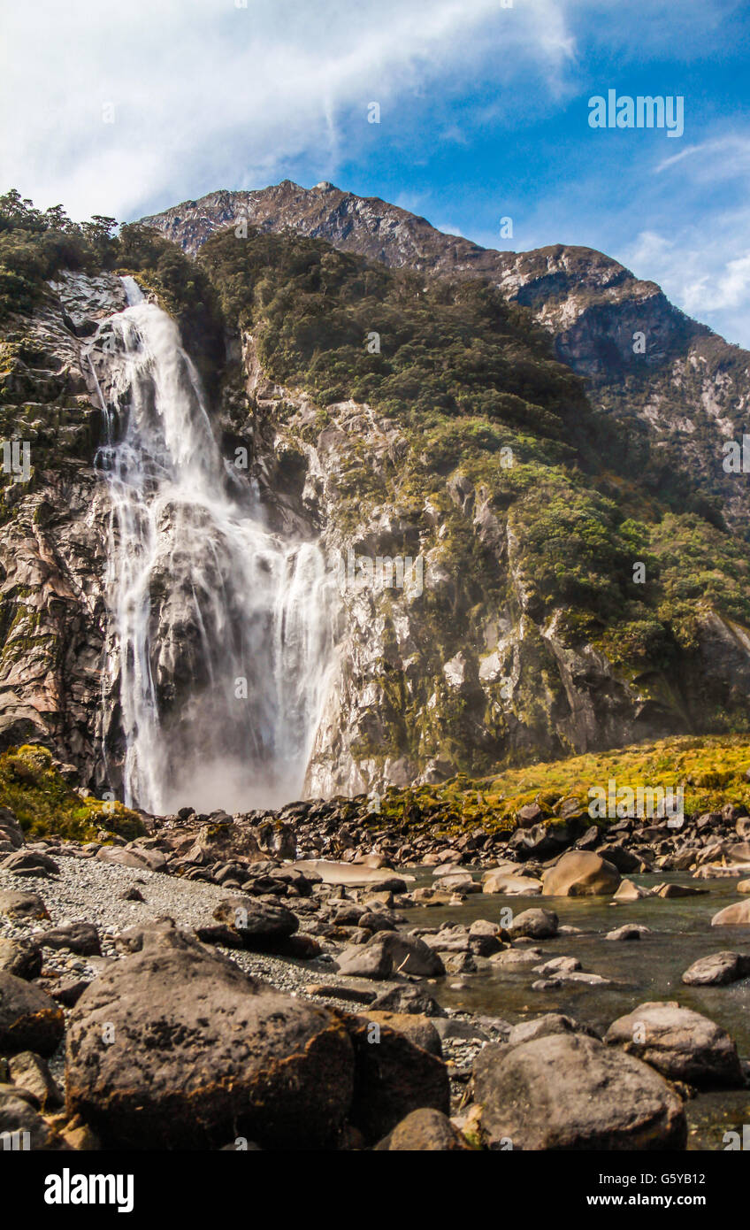 Stirling Falls, Milford Sound, West Coast, South Island, New Zealand Stock Photo