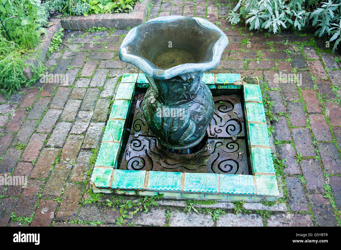 Bronze fountain sculpture by  Kate Malone, 1992,  herb garden, Geffrye Museum  Kingsland Road Hoxton London England Renamed Museum of the Home 2019 Stock Photo