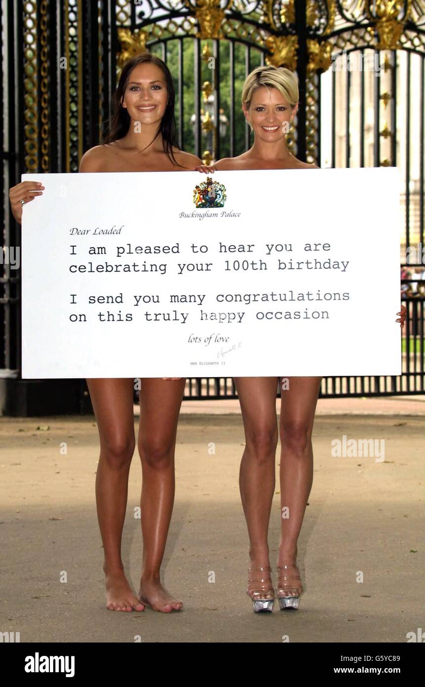 Models Lucy Clarkson (left) and Jo Guest pose with a Telegram presented to them by Queen look-a-like, Margaret Southcoat during a photocall outside Buckingham Palace, to celebrate the 100th Issue of mens magazine Loaded. Stock Photo